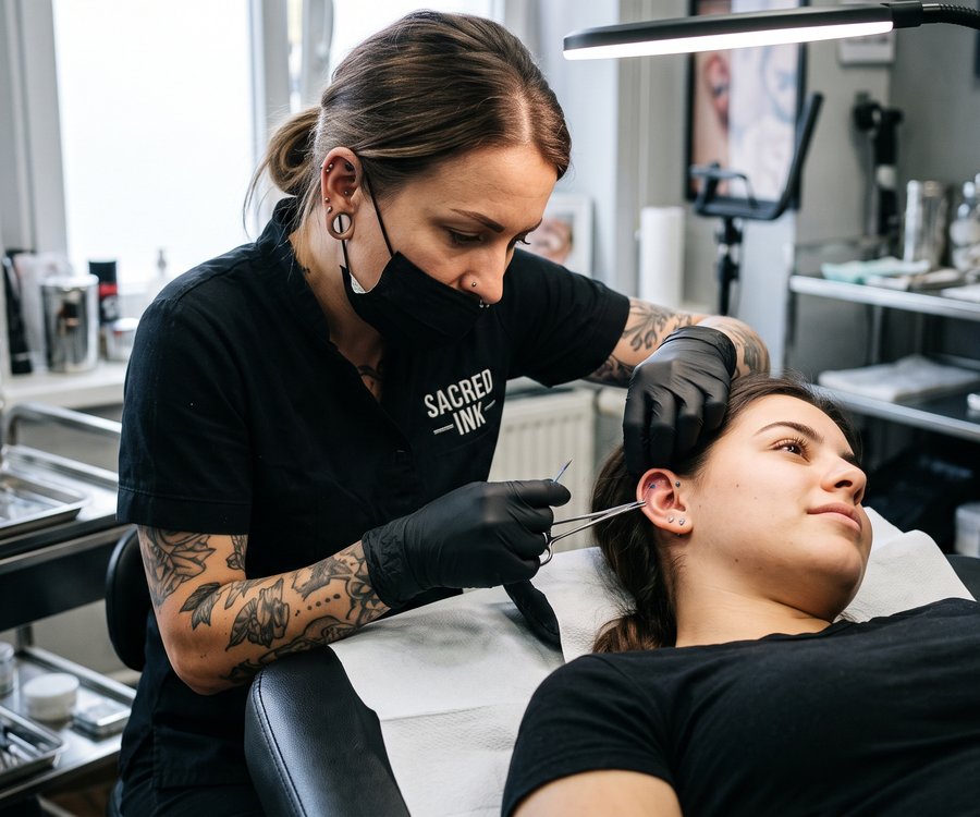Piercer realizando una perforación de oreja